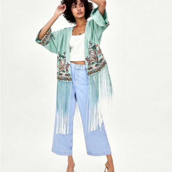 Zara Light Green Embroidered Fringe Kimono - Picture 2 of 14